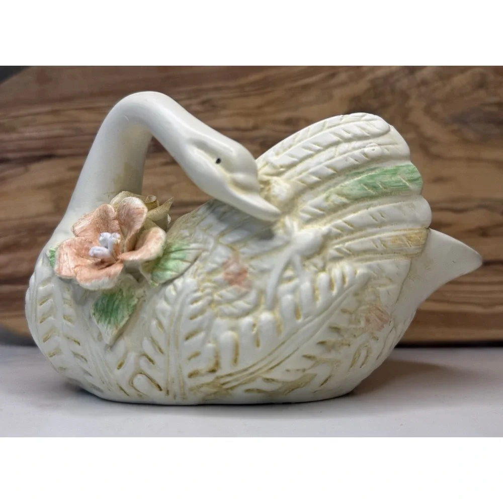 Ceramic Swan Bird Figurine with Decorative Floral Accents Collectible Decor Pot